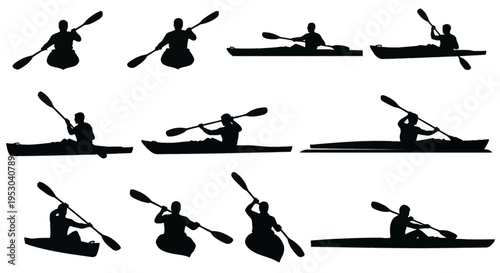 Vector set of black silhouettes of a man paddling a kayak from various angles and perspectives, including front, side, and rear views, isolated on a clean white background.