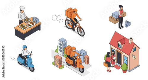 Isometric vector set of delivery services including a chef preparing meals, couriers on bicycles and scooters, package handling, and home parcel delivery at a residential house.