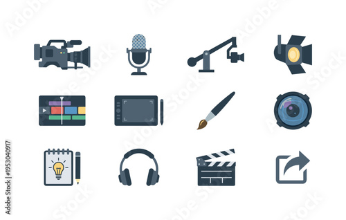 Broadcast camera rig, slow motion symbol, chapter timeline dots, smart TV screen, softbox light, mobile video feed, camera slider