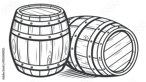 Two wooden barrels black and white vector illustration for wine or whiskey storage