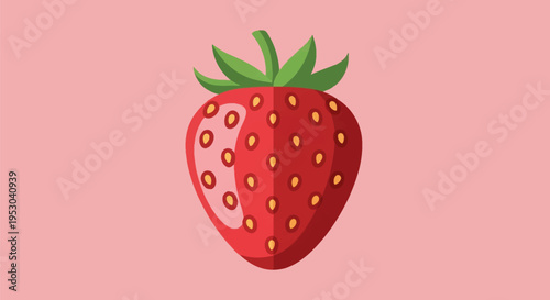 A flat vector illustration of a ripe red strawberry with yellow seeds and green leaves, isolated on a solid light pink background, featuring simple geometric shapes and highlights.