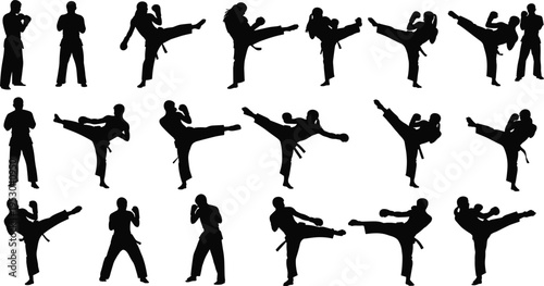 Silhouette illustration of people kayaking and canoeing with paddles in various positions, showing dynamic water sport movements, outdoor adventure, and diverse postures