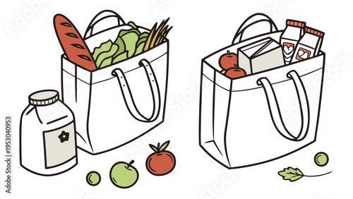 Reusable grocery shopping bags filled with fresh food bread and milk in simple vector line art style