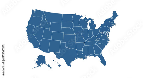 Blue silhouette map of the United States of America with white outlines of individual state borders including Alaska and Hawaii, isolated on a clean white background.
