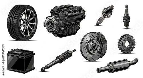 Assortment of Car Parts - Engine, Tire, Battery, and More.