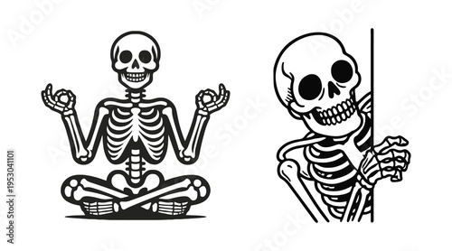 Two skeleton illustrations in meditative and dancing poses