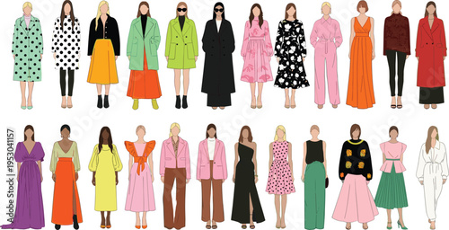 Women fashion models collection flat illustration, stylish outfits clothing variety, modern female wardrobe trends, colorful dresses coats pants vector set