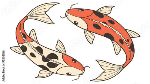 Two decorative koi carp fish swimming in a circle symbolizing balance harmony and traditional oriental art