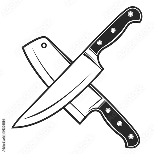 Graphic illustration of two crossed chef knives in outline style with black and white