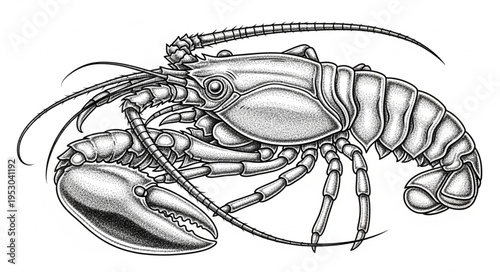 Detailed Lobster Illustration - A Crustacean Portrait in Black and White.