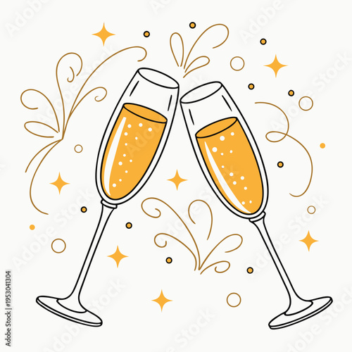 Clinking champagne flutes with gold swirls and stars - festive design with new year