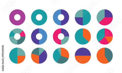 Donut and Pie Chart Icon Set Vector Illustration with Colorful Data Infographic Circles for Business