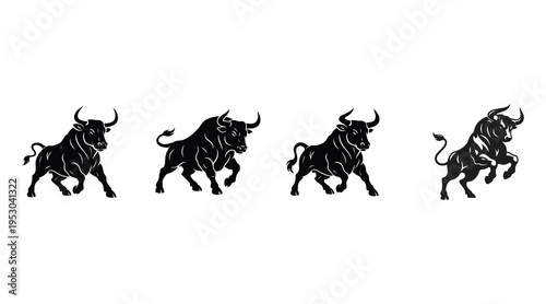 Four black bull silhouettes in different aggressive and dynamic poses