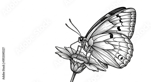 Detailed Ink Drawing of a Butterfly on a Flower.