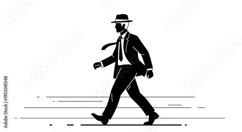 Silhouette of a Man in Suit and Hat Walking.