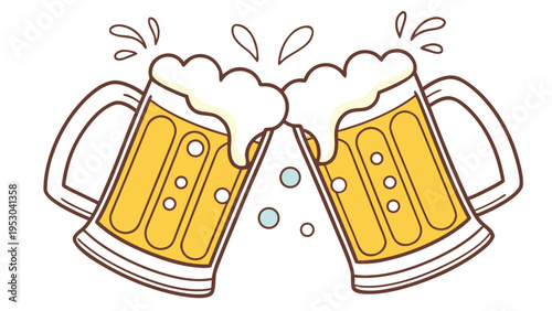 Colorful cartoon beer mugs clinking with yellow beer and white foam cheers