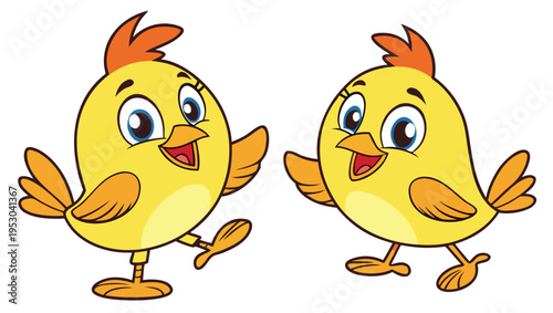 Two cute yellow cartoon chicks dancing or playing happily together illustration