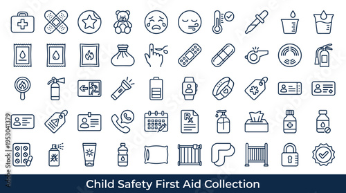 Collection of child safety and first aid icons for emergency preparedness and healthcare
