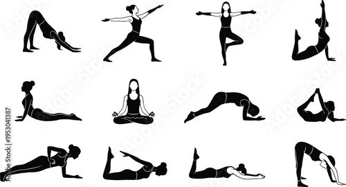 Yoga poses silhouette collection, women practicing stretching meditation fitness exercise, healthy lifestyle balance flexibility training isolated black figures set