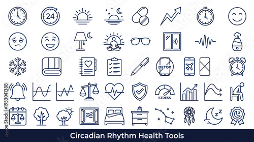 Collection of line icons representing circadian rhythm and health management tools