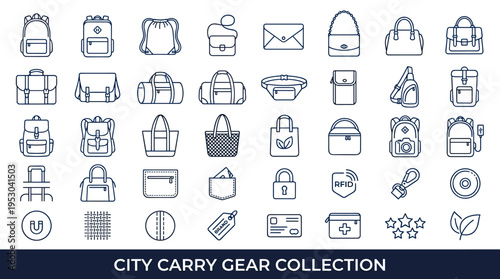 Collection of modern line art icons representing various bags and travel accessories for city life