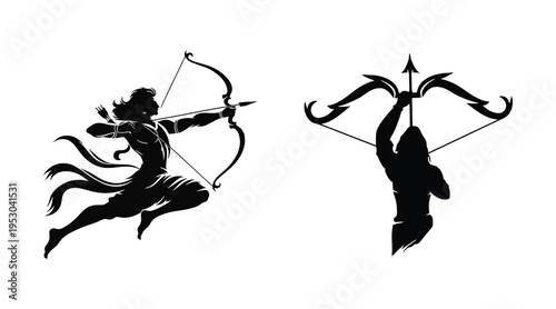 Silhouette of archer and abstract bow ancient hunter illustration