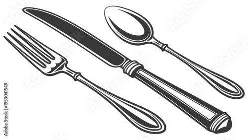 Vintage silverware set featuring fork knife and spoon in classic engraving woodcut illustration style