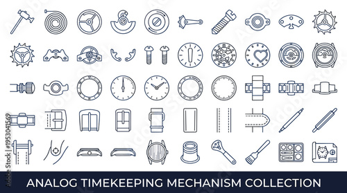 Collection of analog timekeeping mechanism components and tools in line art style