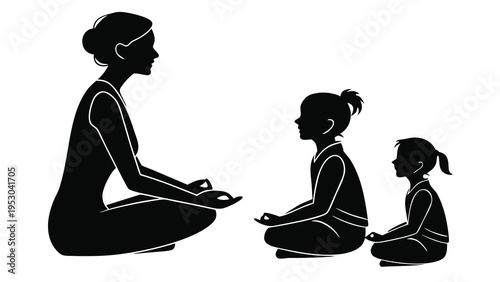 Mother teaching children meditation, yoga session in silhouette