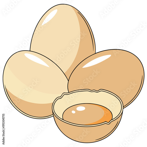 Fresh brown eggs with one broken open showing the yolk isolated on a white vector illustration drawing