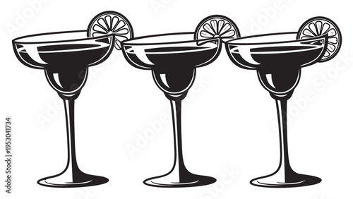 Three margarita glasses with lime slices, black and white illustration