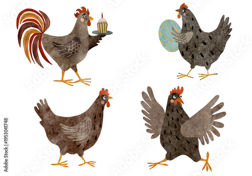 Cute hand-painted watercolor chickens and rooster collection with eggs and cake, playful farm animals in rustic style, perfect for nursery design, fabric, packaging, Easter decor, and kids illustratio