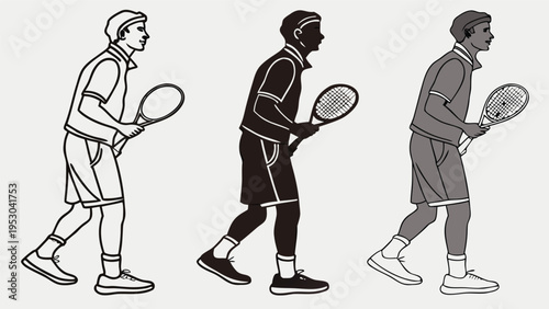 Tennis player silhouette in three styles - action sport graphic