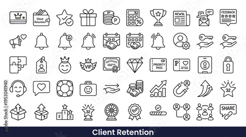 Client retention icons set for business growth and customer loyalty strategies