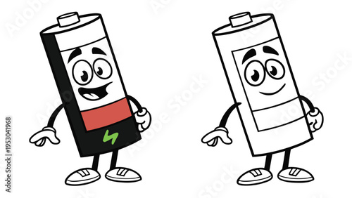 Cartoon battery character mascots illustrating low energy charging power levels and electrical cell concepts