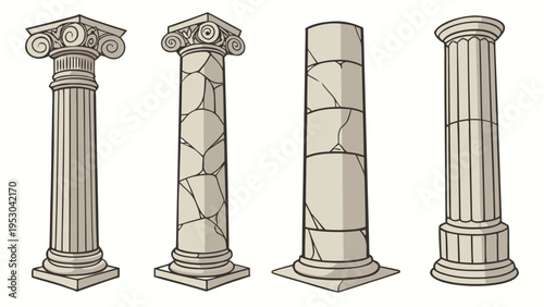 Set of classical architectural stone columns and ancient greek pillars vector illustration collection