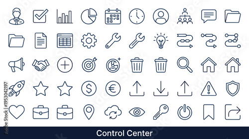 Collection of modern line icons for business, technology, and finance concepts