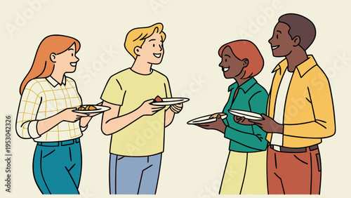 Group of diverse friends eating food and talking at a social gathering or party vector illustration art