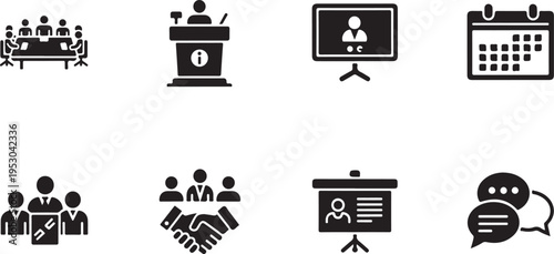 Business and corporate icon collection. Flat blue icons representing meetings, online conferences, presentations, teamwork, and scheduling..eps