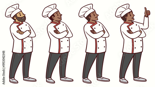 Four cartoon chefs in uniform, showing different poses and expressions