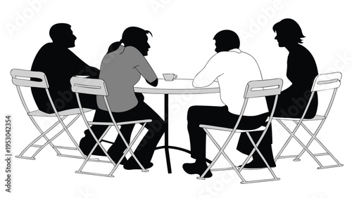 Silhouettes of diverse people chatting at an outdoor cafe table in abstract monochromatic style