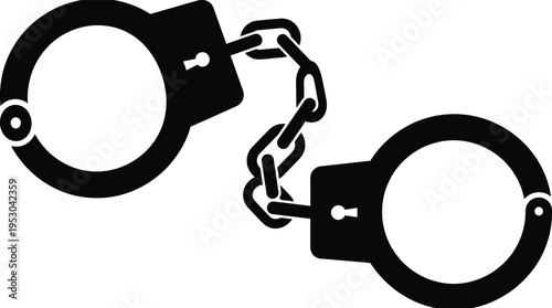 Black handcuffs silhouette icon for law enforcement and justice concept, metal shackles vector illustration isolated on white background,