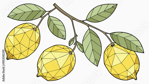 Geometric lemon fruit illustration on a branch with green leaves in modern polygon and low poly style