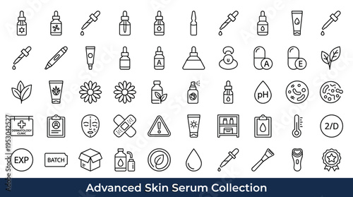 Collection of advanced skin serum and cosmetic icons for beauty and dermatology