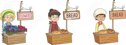 Cartoon children market vendors selling bread and flowers at wooden stalls cute kids characters smiling outdoor shop vector illustration set