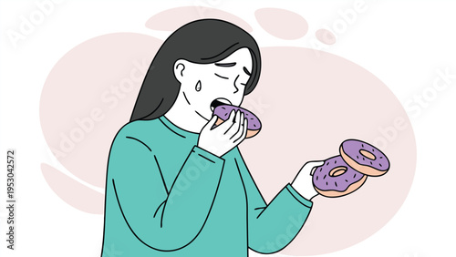 Woman eating sweet purple donuts while feeling stressed and overwhelmed by emotional eating and bad habits