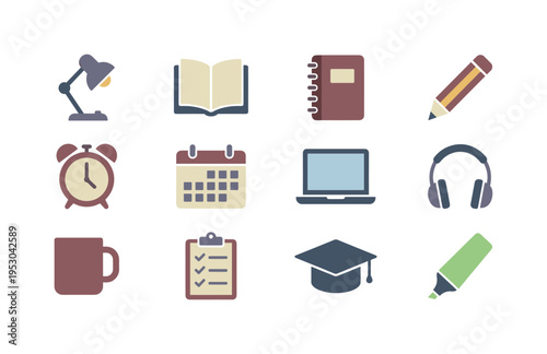 Desk lamp, open textbook, notebook journal, pencil, alarm clock, calendar planner, laptop study screen, headphones, coffee mug,