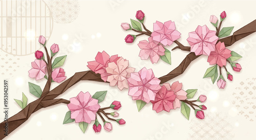 Origami Papercraft Sakura Branch Background, Vector Illustration of Pink Origami Cherry Blossom Branches with Traditional Japanese Background (和柄と光のボケを背景にしたピンクの折り紙風の桜の枝の美しいベクターイラスト。春のデザインに最適。)
