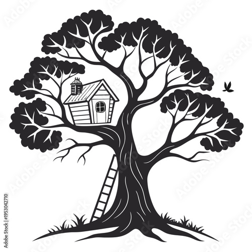 Whimsical treehouse with ladder and bird, idyllic backyard or fantasy scene