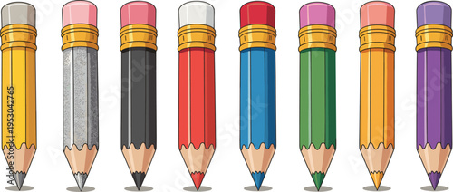 Cartoon colorful pencils collection with erasers different colors school stationery drawing tools isolated vector illustration set for education and design